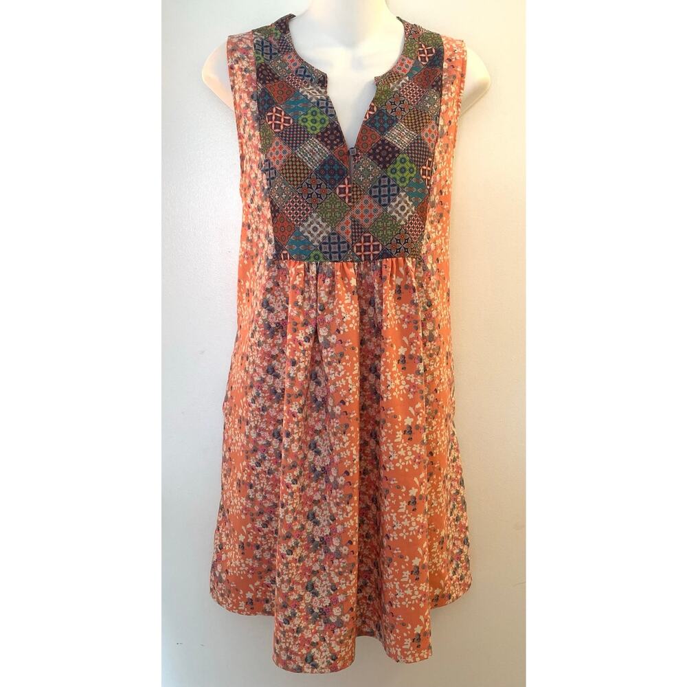 Umgee Patchwork Tunic Dress Boho Lightweight Medium Sleeveless Orange Brown